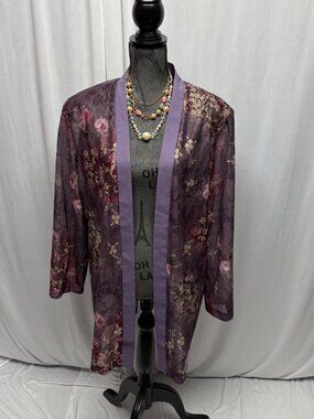 Pride and Joy Sheer Floral Open Front Jacket Womens Size 22W Purple Lightweight